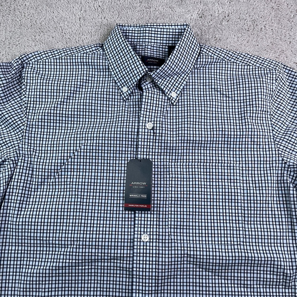 NEW Arrow Shirt Mens Small Blue Check Hamilton Poplin‎ Wrinkle Free Short Sleeve